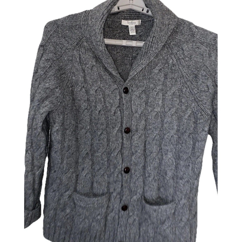 Turnbury Merino Wool Cable Knit Sweater Gray Cardigan Mens L Wood Buttons Grampa - Picture 2 of 12